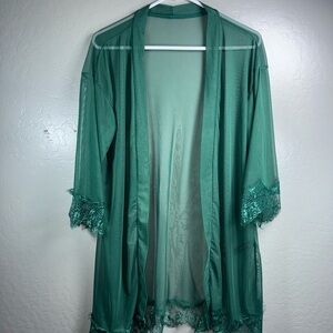 Sheer Emerald Lace-Trim Open Front Robe